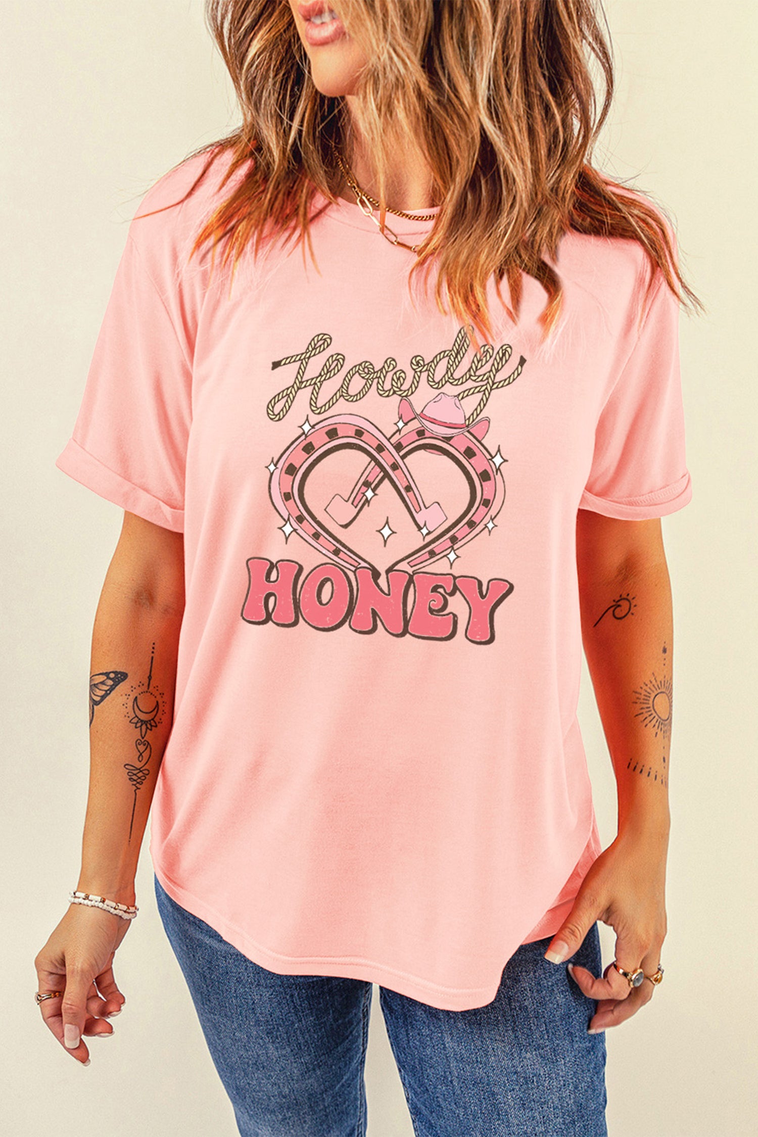 Pink Howdy Honey Horseshoe Heart Printed T Shirt-Graphic Tees-[Adult]-[Female]-2022 Online Blue Zone Planet