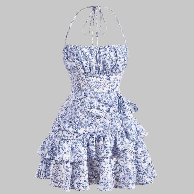 Lissa's Floral Print Halter Neck Ruffle Mini Dress-TOPS / DRESSES-[Adult]-[Female]-Blue-L-2022 Online Blue Zone Planet