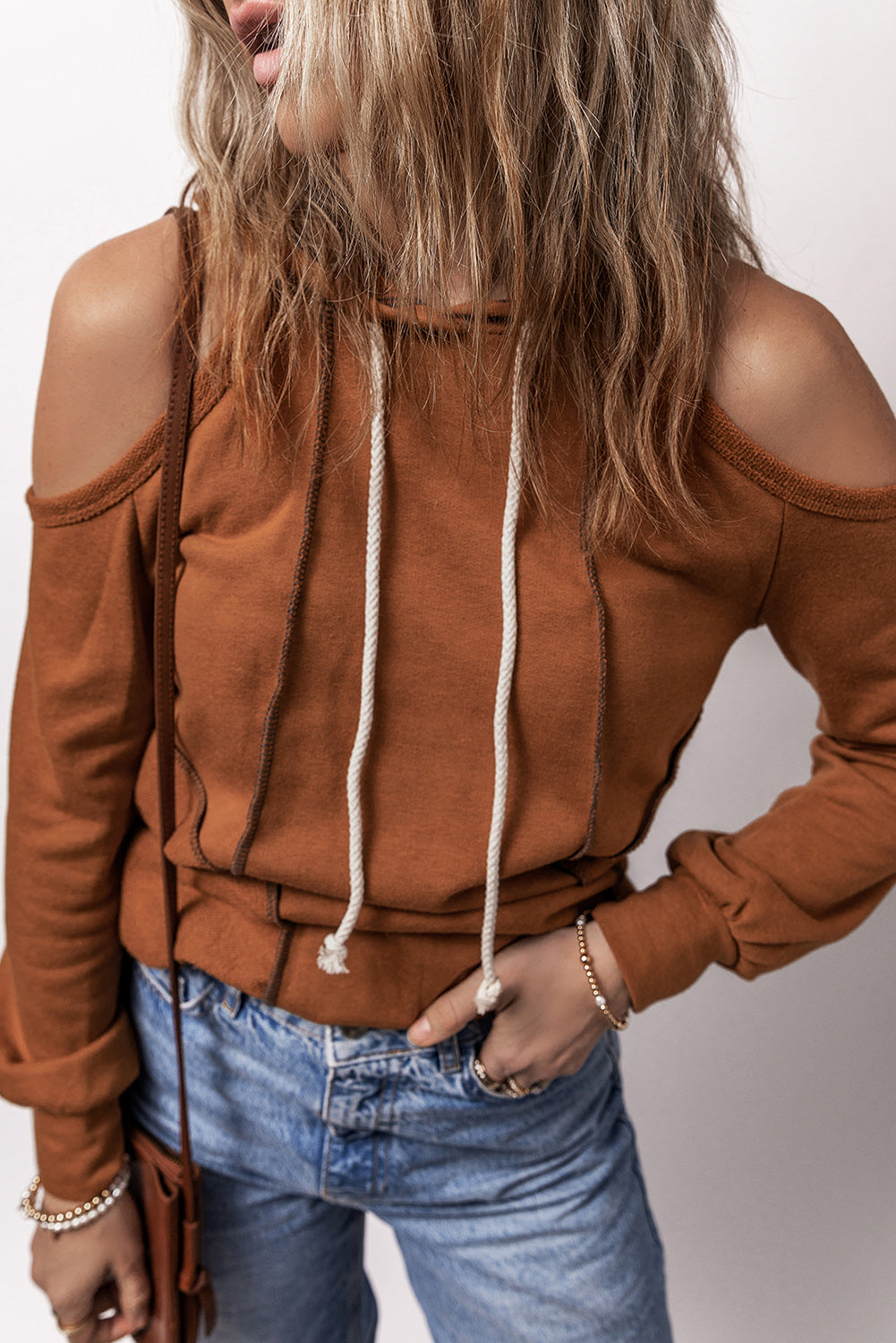 Black Exposed Seam Cold Shoulder Drawstring Hoodie-Tops/Sweatshirts & Hoodies-[Adult]-[Female]-Cinnamon-S-2022 Online Blue Zone Planet