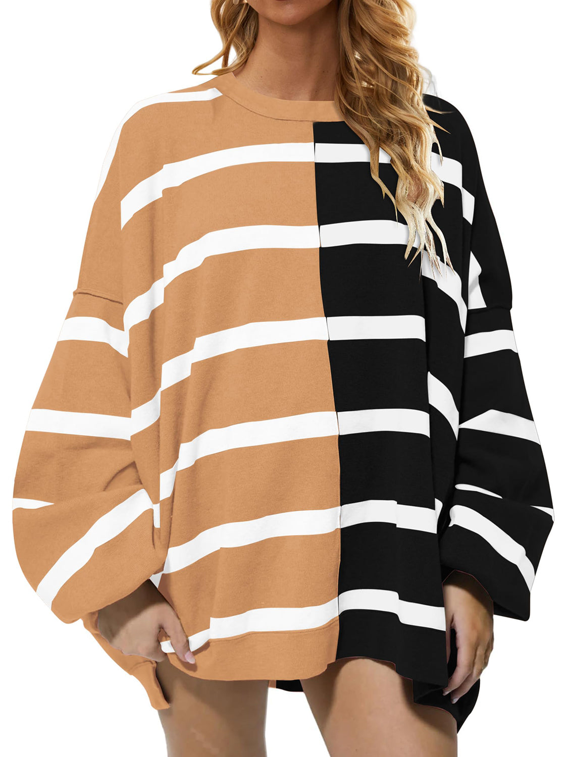 Striped Round Neck Long Sleeve Sweater-TOPS / DRESSES-[Adult]-[Female]-2022 Online Blue Zone Planet