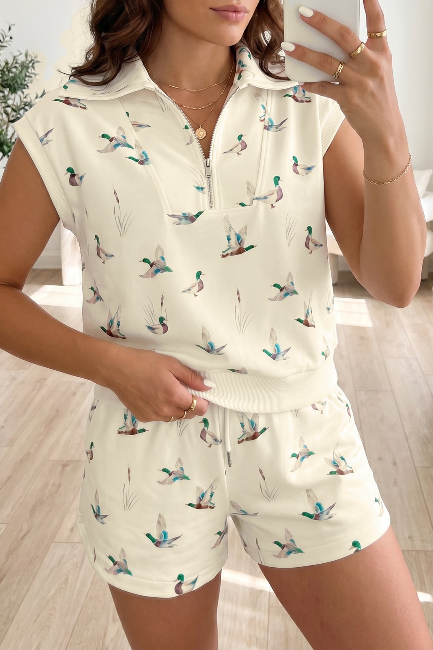 Beige Mallard Printed Zip Polo Tee Drawstring Short Set-Two Piece Sets/Short Sets-[Adult]-[Female]-Beige-S-2022 Online Blue Zone Planet