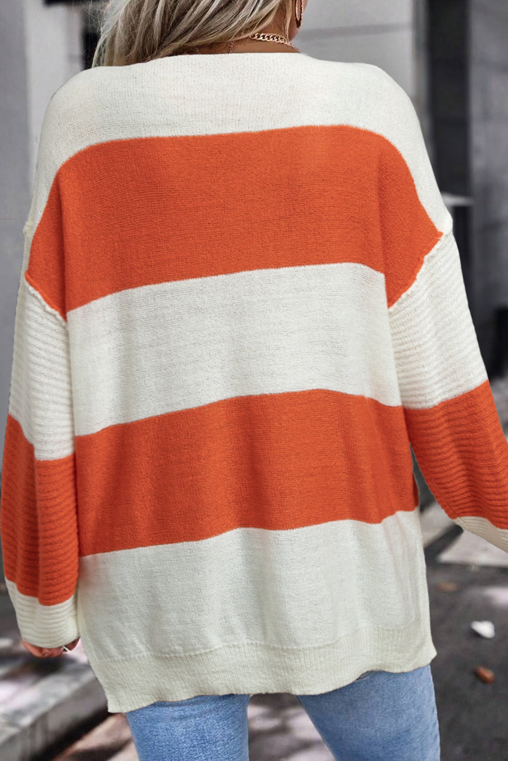 Orange Stripe Loose Color Block Drop Shoulder Bubble Sleeve Sweater-Sweaters & Cardigans/Sweaters-[Adult]-[Female]-2022 Online Blue Zone Planet