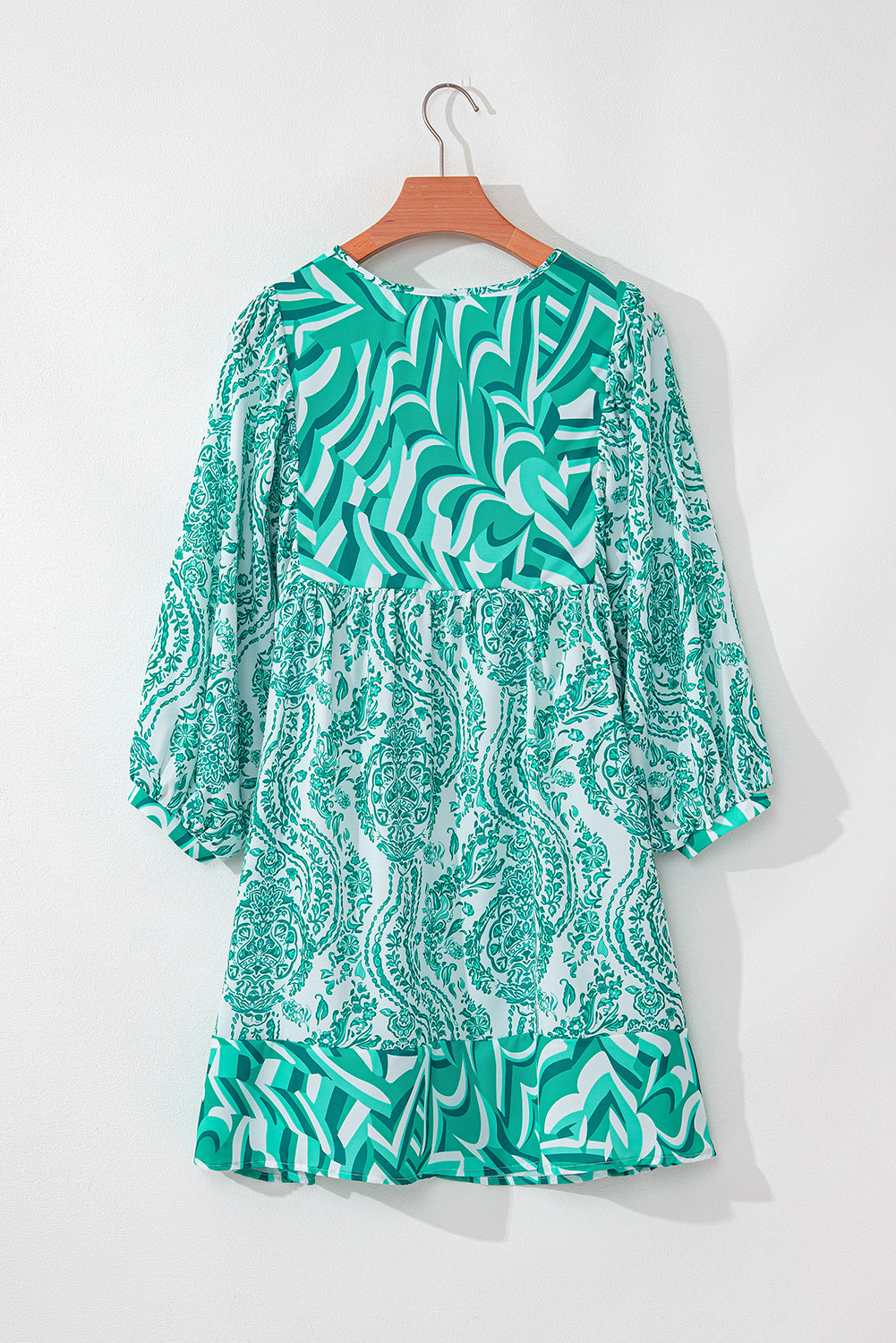 Blue Zone Planet | Green Bohemian Print Puff Sleeve Tied V Neck Flared Mini Dress-TOPS / DRESSES-[Adult]-[Female]-2022 Online Blue Zone Planet