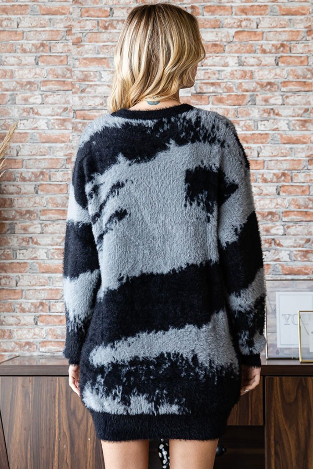 First Love Full Size Abstract Pattern Contrast Feather Yarn Sweater-TOPS / DRESSES-[Adult]-[Female]-2022 Online Blue Zone Planet