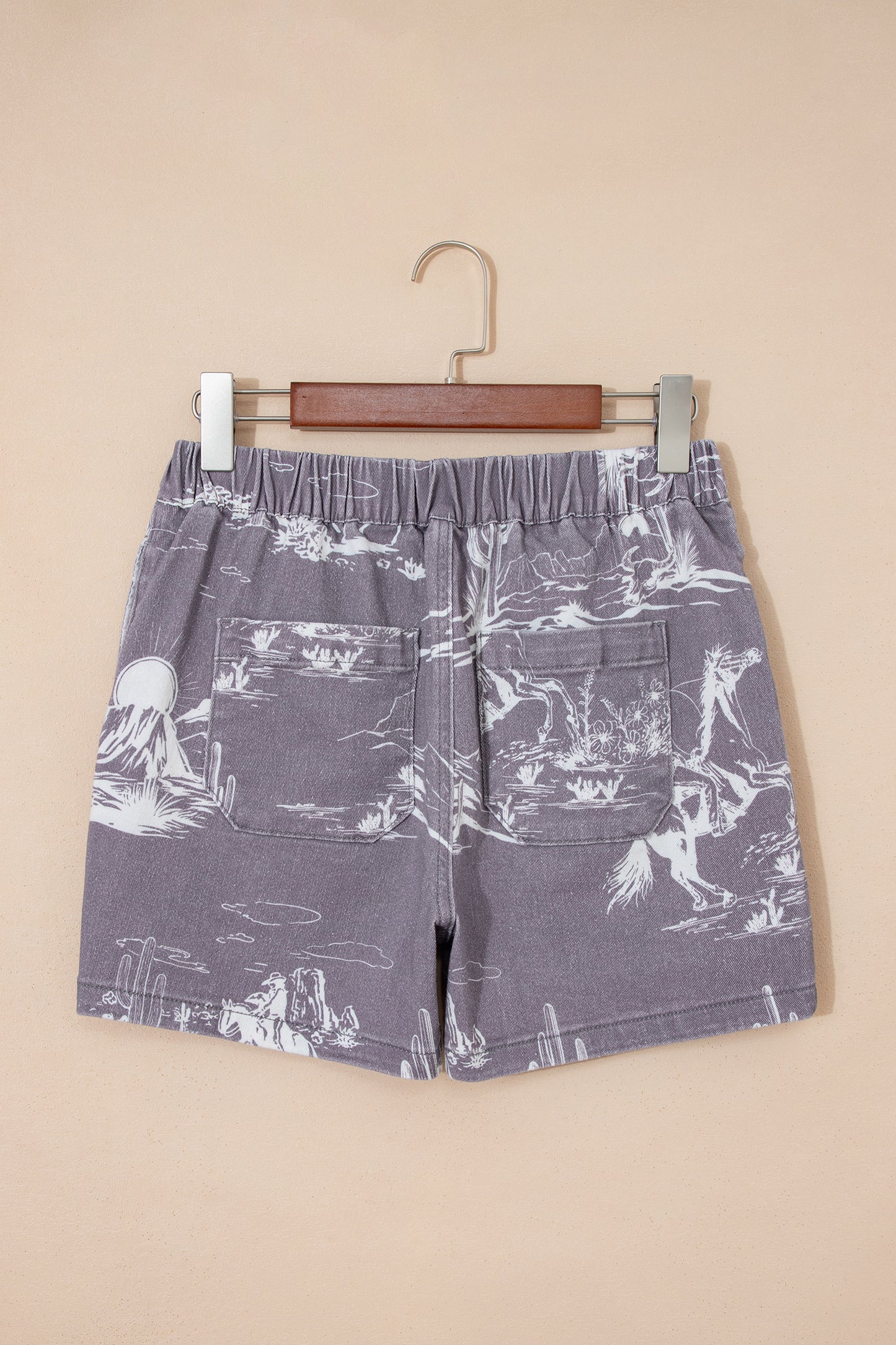 Gray Western Print Elastic Waist Cotton Denim Shorts-Bottoms/Denim Shorts-[Adult]-[Female]-2022 Online Blue Zone Planet