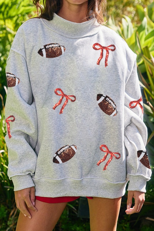 Light Grey Sequin Rugby Bow Graphic Mock Neck Relaxed Pullover Sweatshirt-Graphic/Graphic Sweatshirts-[Adult]-[Female]-Light Grey-S-2022 Online Blue Zone Planet