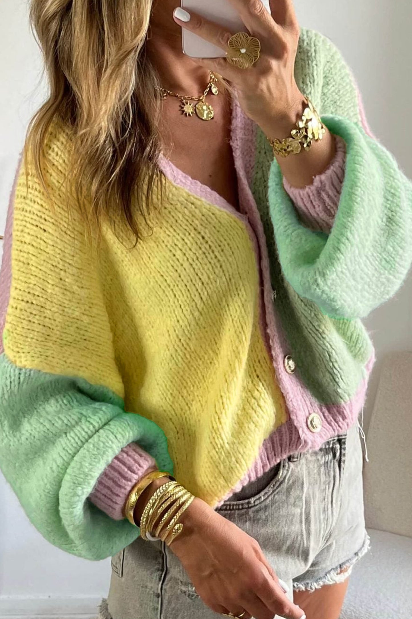 Yellow V Neck Drop Shoulder Patchwork Regular Wash Knitwear Cardigan-Sweaters & Cardigans/Cardigans-[Adult]-[Female]-2022 Online Blue Zone Planet