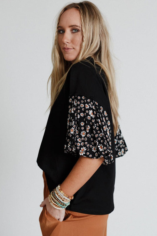 Black Contrast Floral Puff Sleeve Oversized Top-Tops/Tops & Tees-[Adult]-[Female]-2022 Online Blue Zone Planet