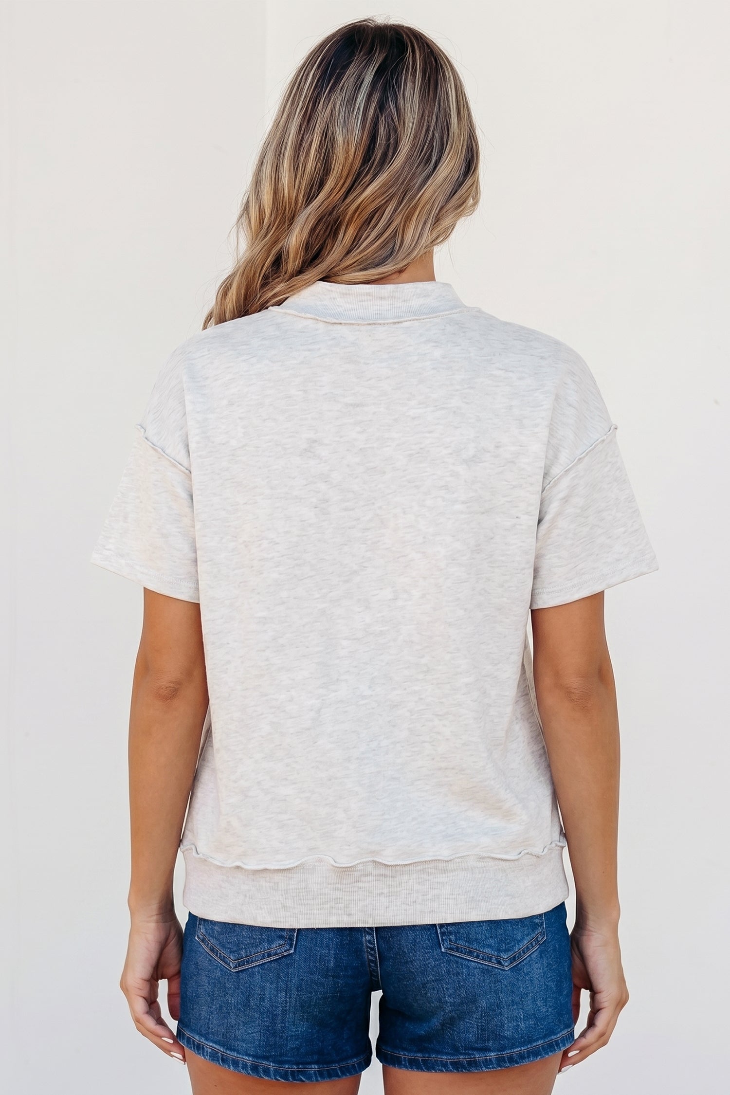 Light Grey Exposed Seam Detail Mock Neck Tee-Tops/Tops & Tees-[Adult]-[Female]-2022 Online Blue Zone Planet