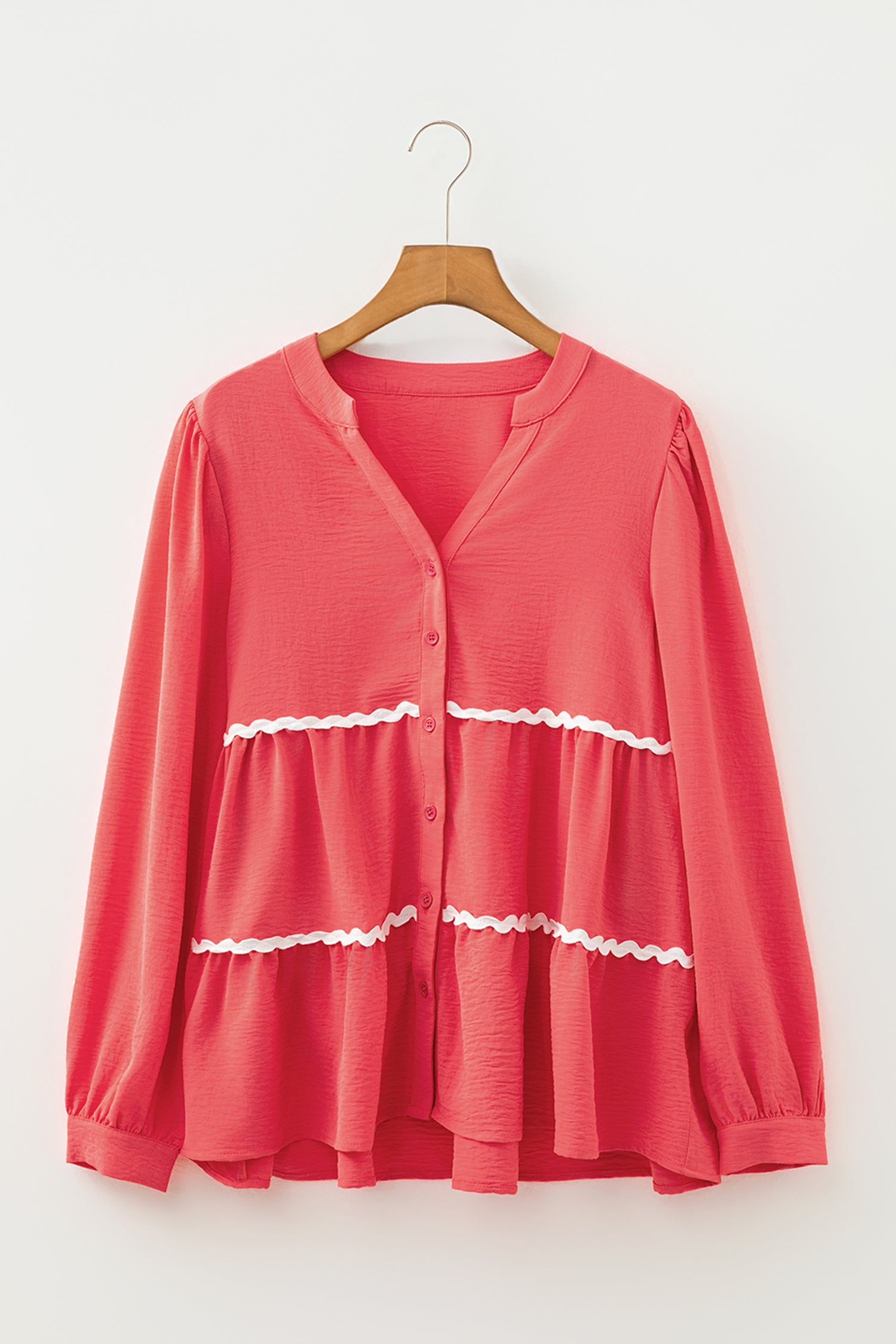 Coral Contrast Ricrac Trim V Neck Button Down Long Sleeve Shirt-Tops/Blouses & Shirts-[Adult]-[Female]-2022 Online Blue Zone Planet