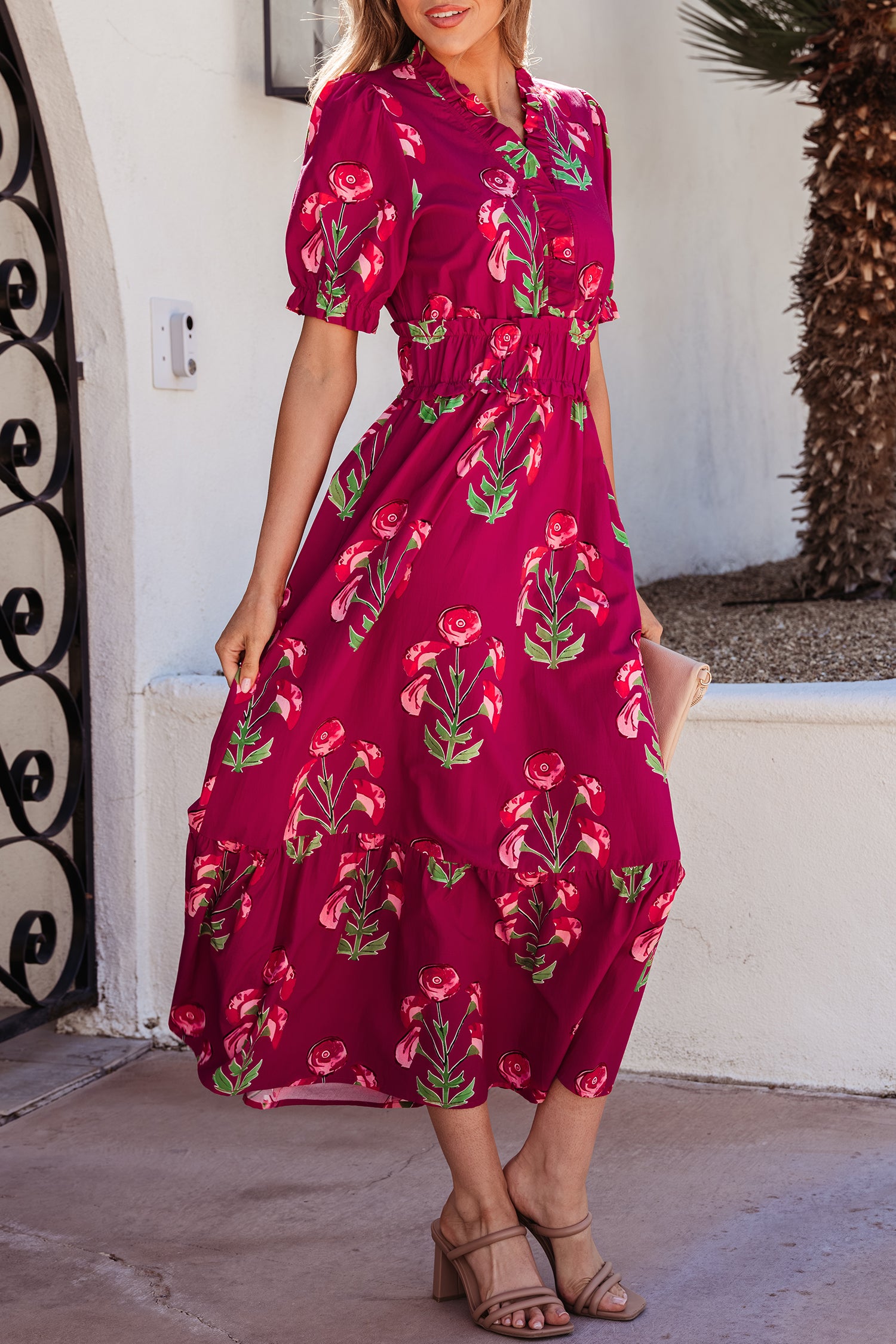 Red Floral Print Frilled V Neck Short Sleeve Ruffle Maxi Dress-TOPS / DRESSES-[Adult]-[Female]-2022 Online Blue Zone Planet