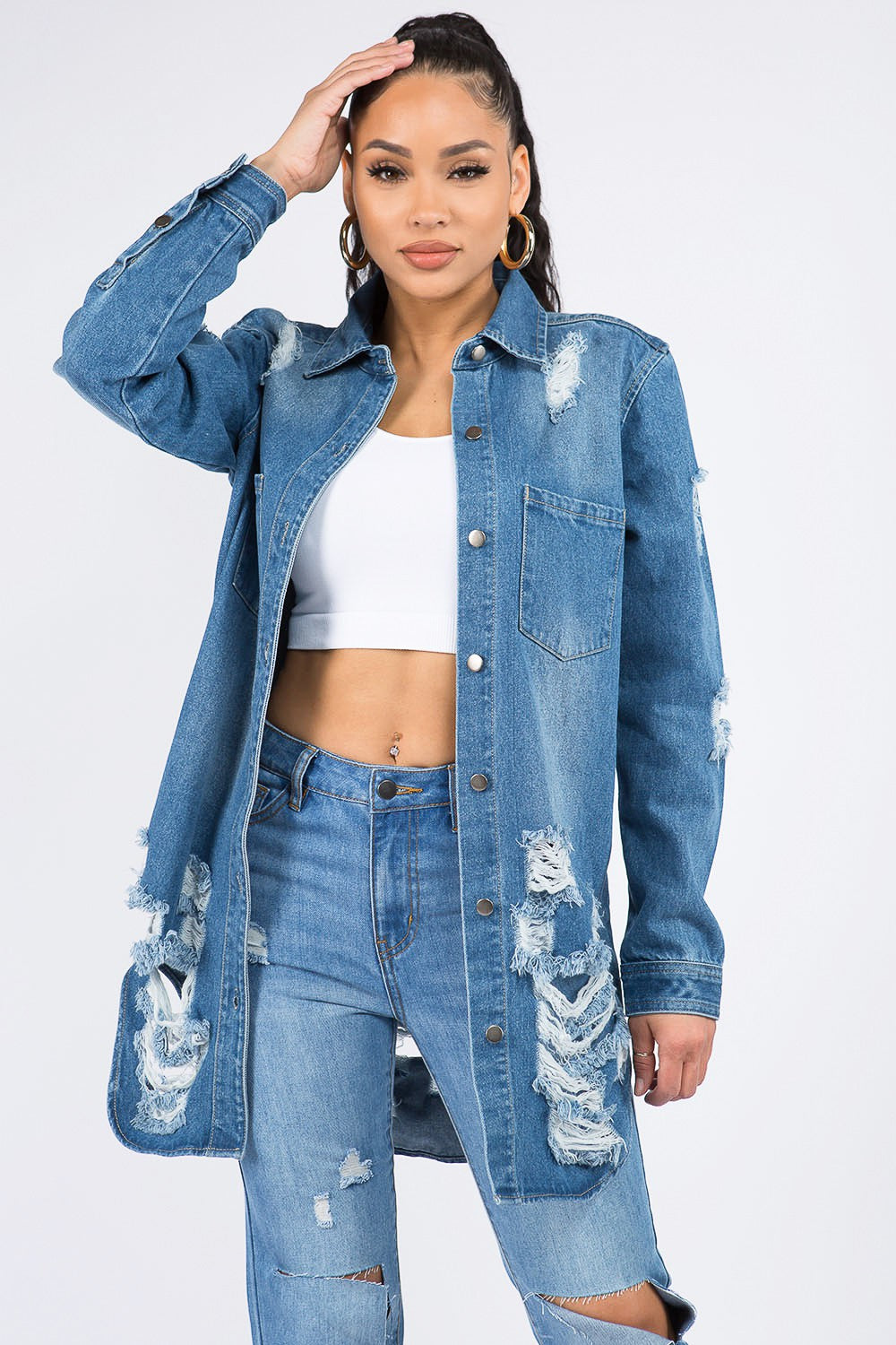 American Bazi Distressed Button Down Denim Shirt Jacket-TOPS / DRESSES-[Adult]-[Female]-Medium Blue-S-2022 Online Blue Zone Planet