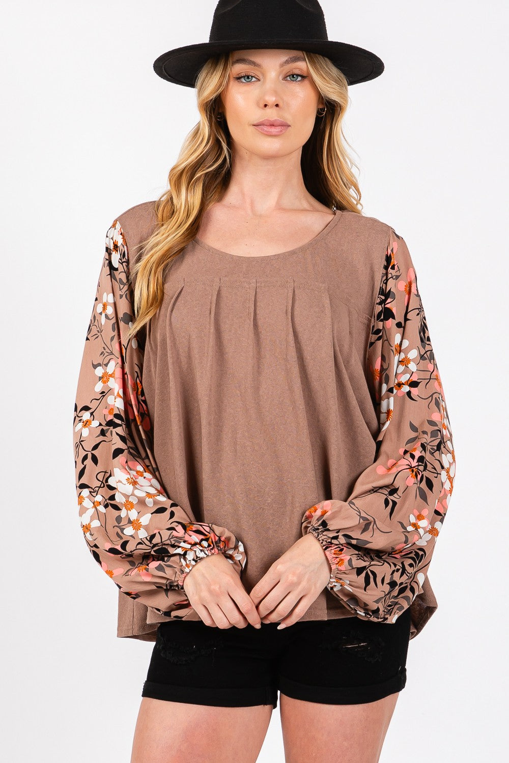 Blue Zone Planet | SAGE + FIG Floral Long Sleeve Front Pleated Detail Blouse-TOPS / DRESSES-[Adult]-[Female]-2022 Online Blue Zone Planet