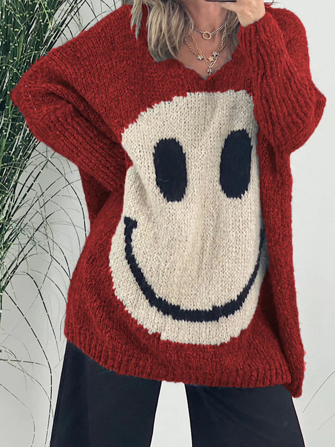 Smiling Face V-Neck Long Sleeve Sweater-TOPS / DRESSES-[Adult]-[Female]-Rust-S /M-2022 Online Blue Zone Planet