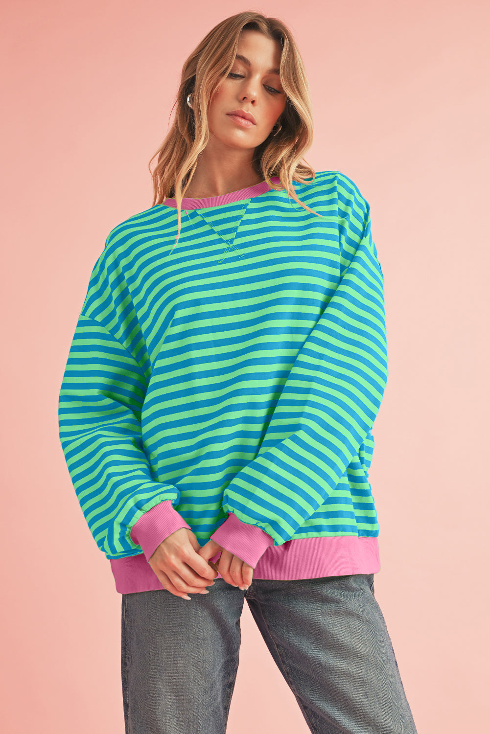 Black Stripe Contrast Edge Cross Seam Oversized Sweatshirt-Sweatshirts & Hoodies-[Adult]-[Female]-2022 Online Blue Zone Planet