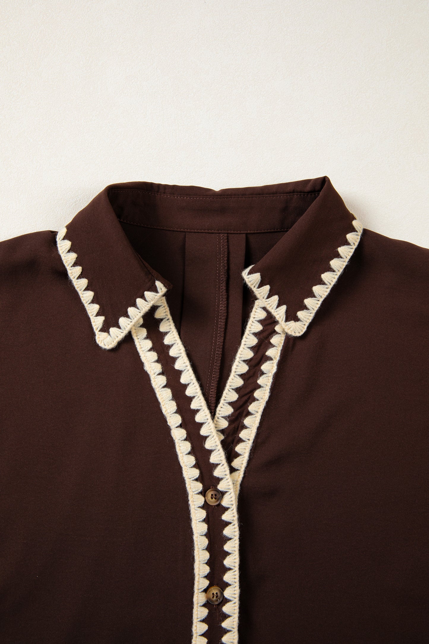 Coffee Shirt Collar Contrast Trim Button V Neck Short Sleeve Blouse-Tops/Blouses & Shirts-[Adult]-[Female]-2022 Online Blue Zone Planet