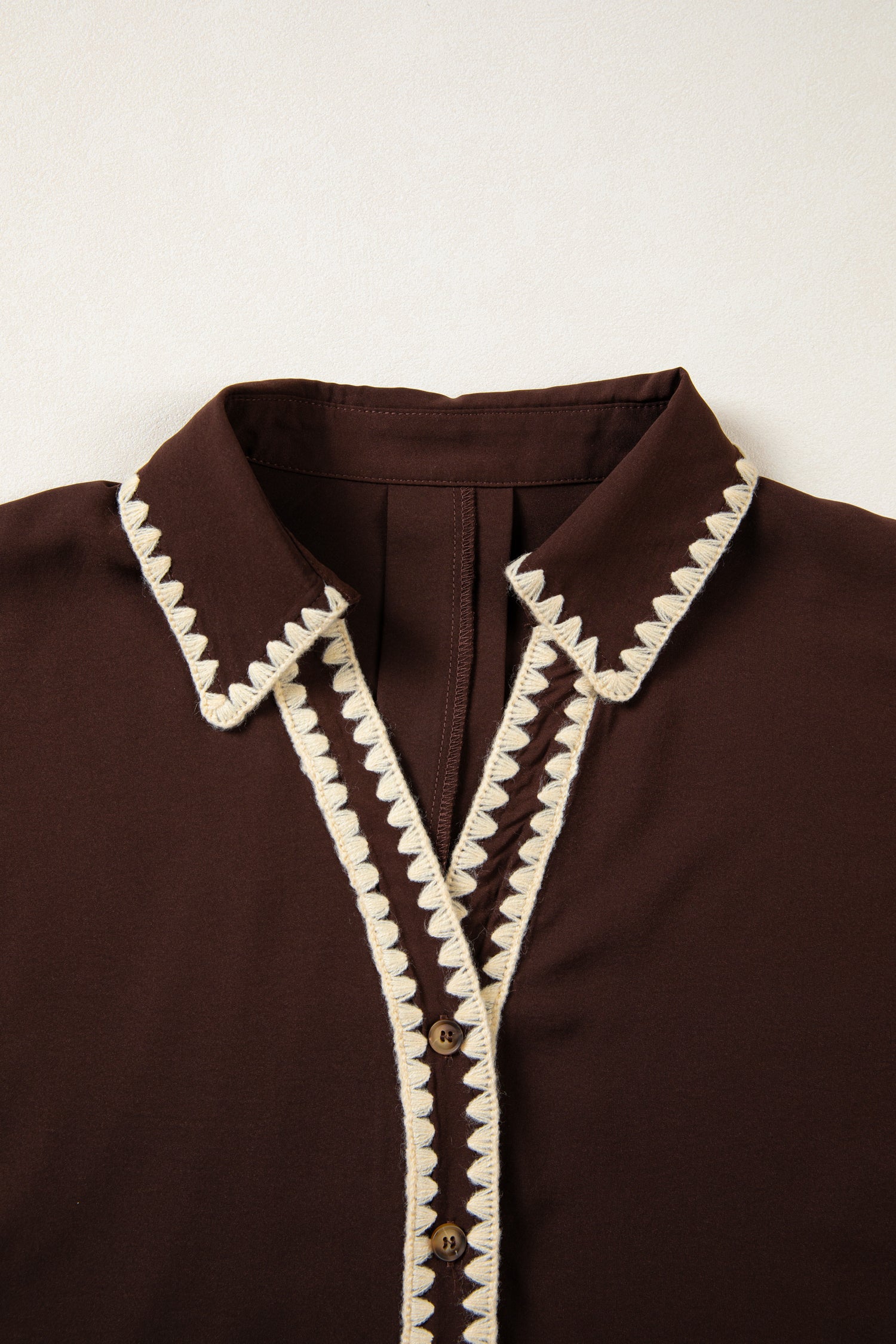 Coffee Shirt Collar Contrast Trim Button V Neck Short Sleeve Blouse-Tops/Blouses & Shirts-[Adult]-[Female]-2022 Online Blue Zone Planet