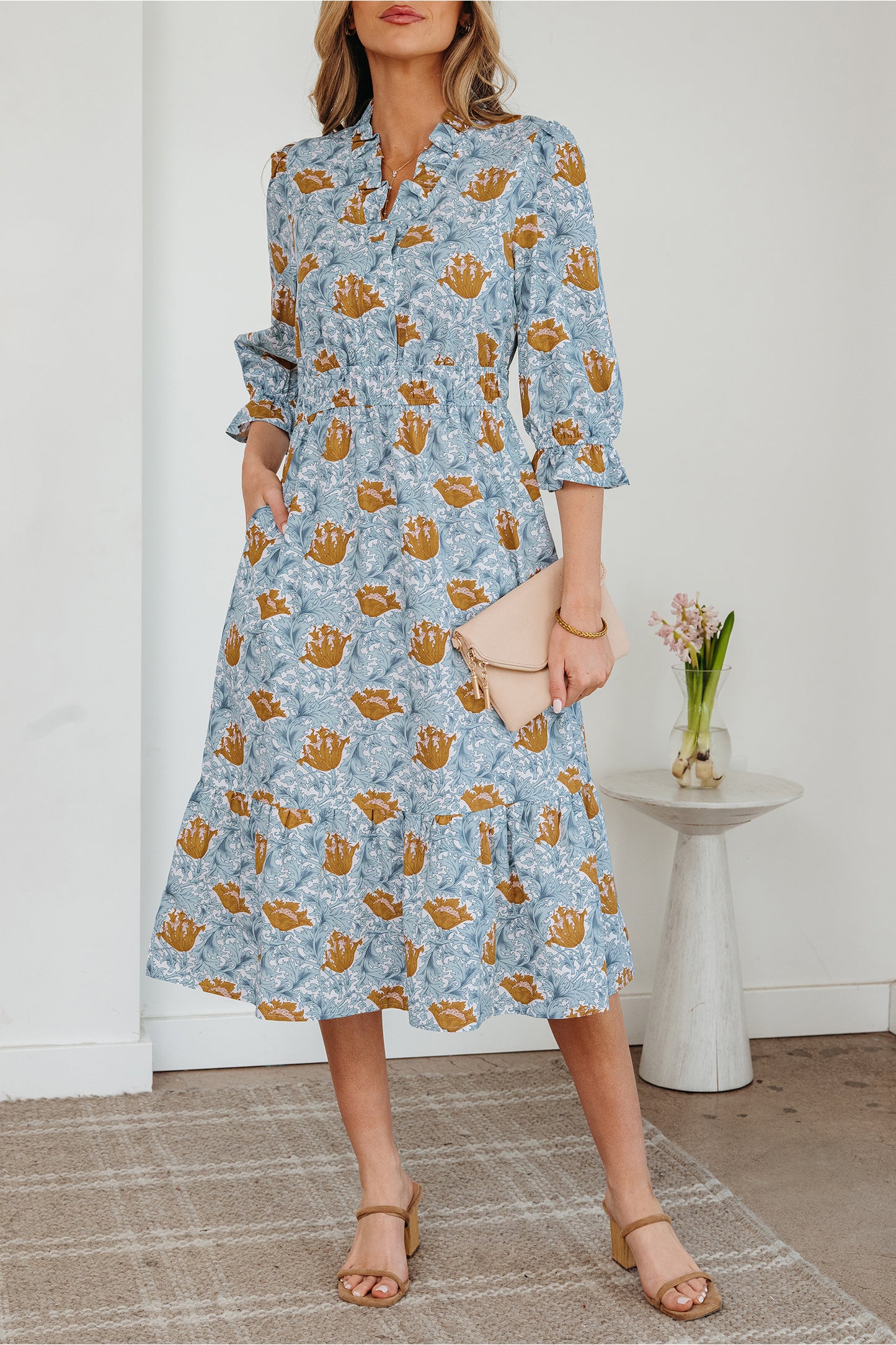 Brown Floral Printed Frilled V Neck Bracelet Sleeve Long Dress-Bracelet-[Adult]-[Female]-2022 Online Blue Zone Planet