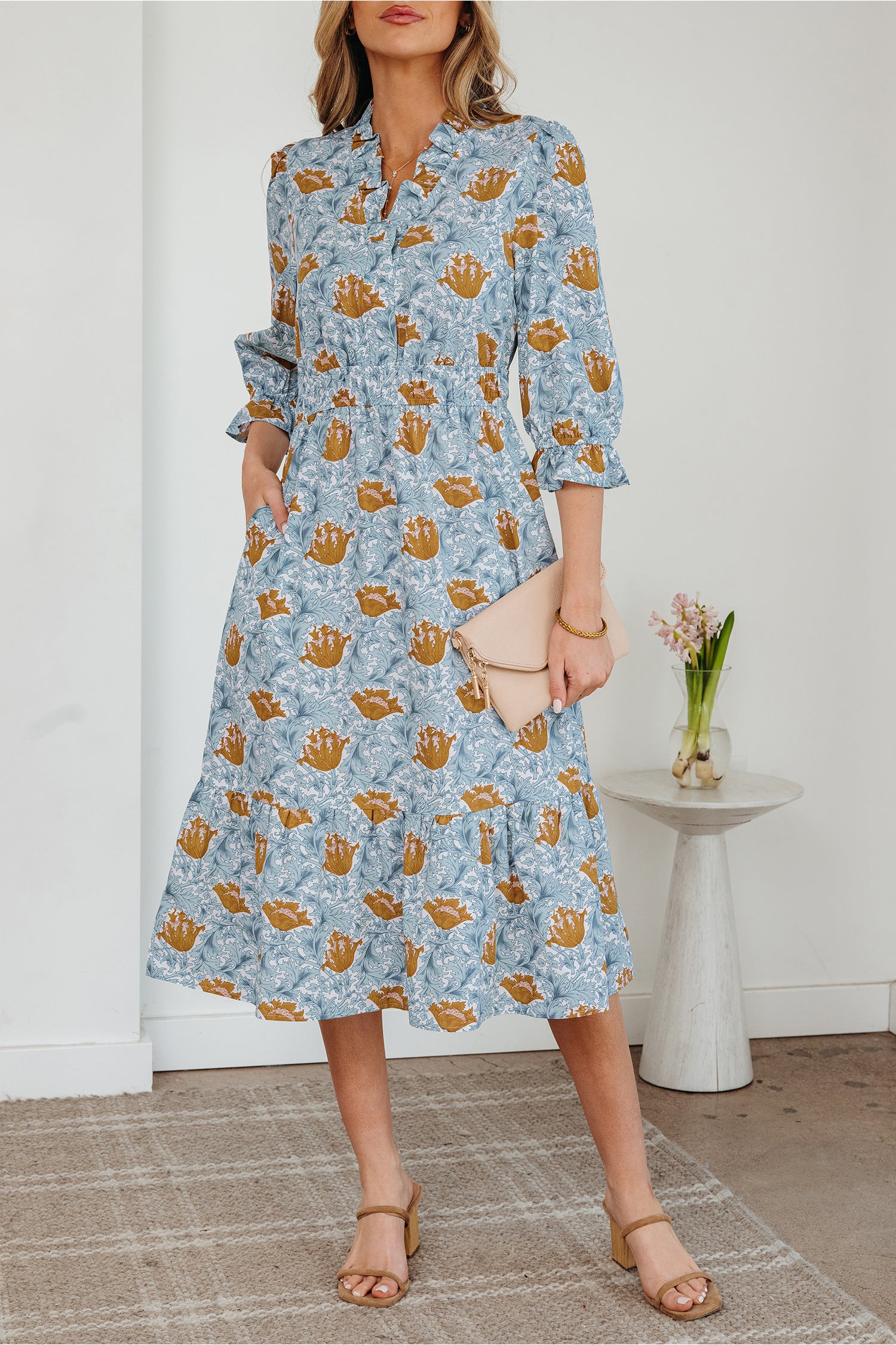 Brown Floral Printed Frilled V Neck Bracelet Sleeve Long Dress-Bracelet-[Adult]-[Female]-2022 Online Blue Zone Planet