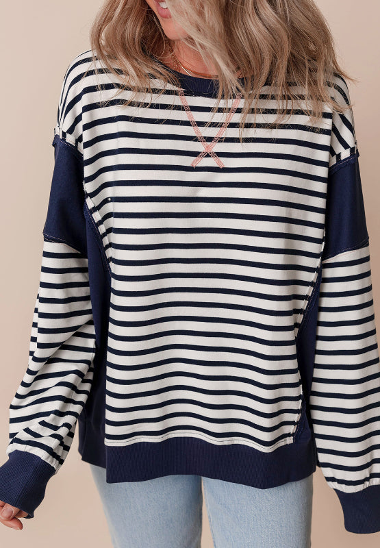 Exposed Seam Striped Long Sleeve Sweatshirt-TOPS / DRESSES-[Adult]-[Female]-2022 Online Blue Zone Planet