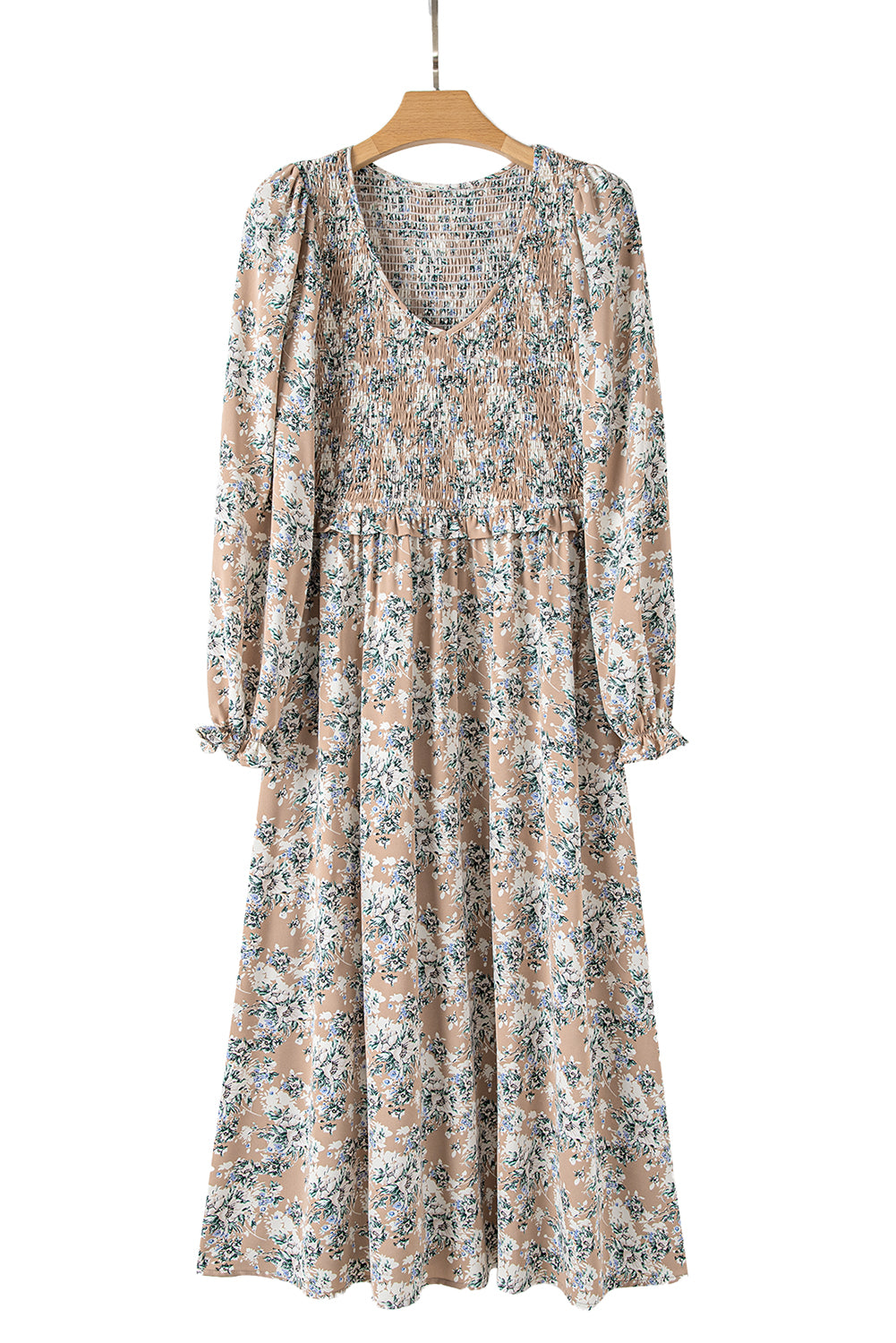 Blue Zone Planet |  Khaki Maple Grove Floral Smocked Puff Sleeve Long Dress