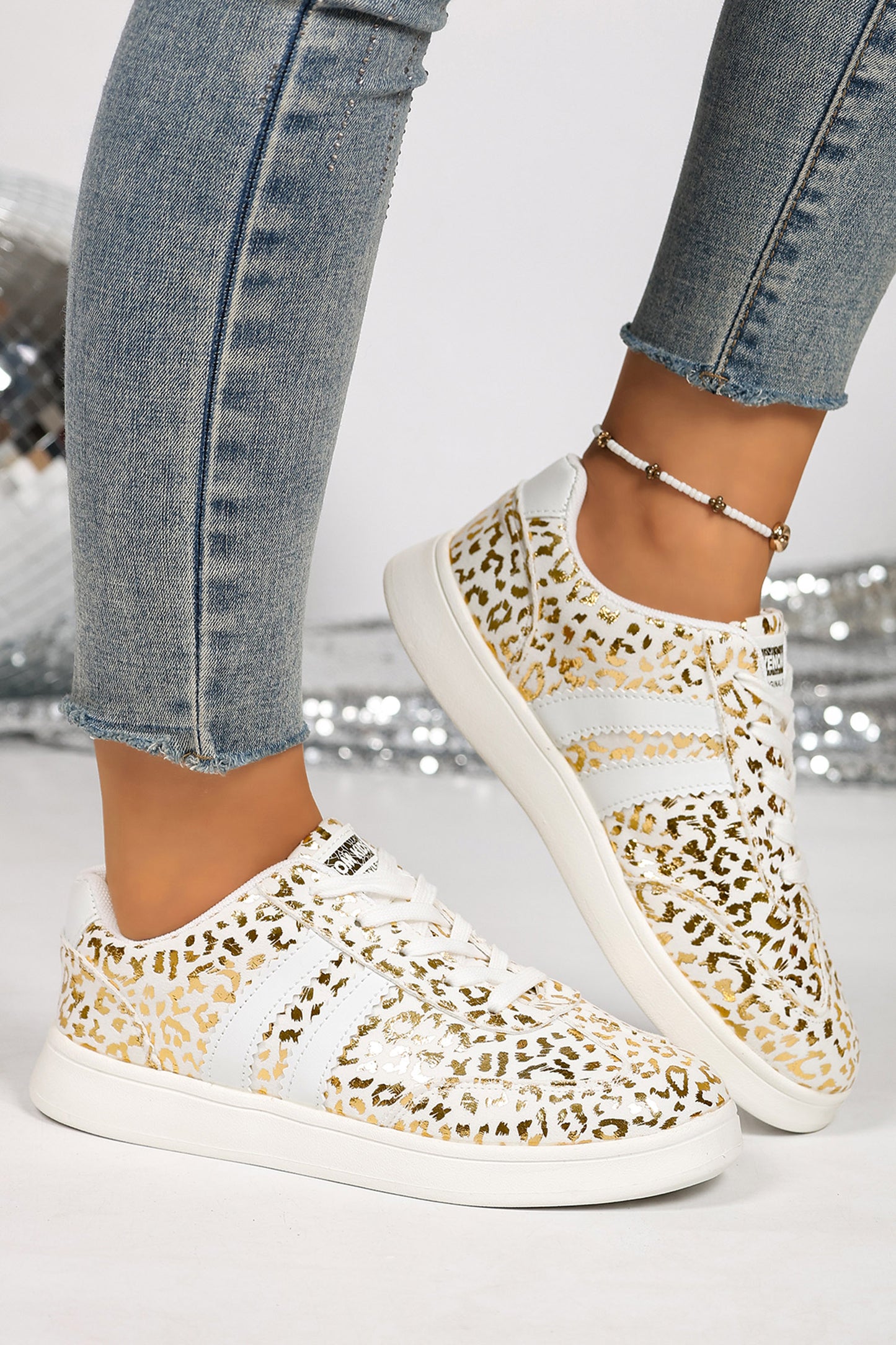 White Leopard Print PU Leather Detail Lace Up Casual Shoes