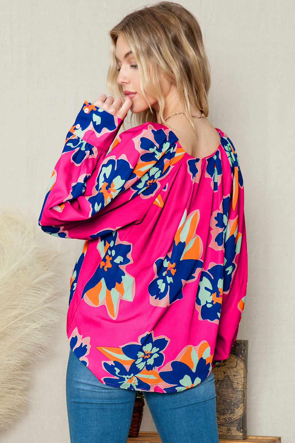 Blue Zone Planet | Rose Floral Pattern V Neck Balloon Sleeve Plus Size Blouse-Plus Size/Plus Size Tops/Plus Size Blouses & Shirts-[Adult]-[Female]-2022 Online Blue Zone Planet