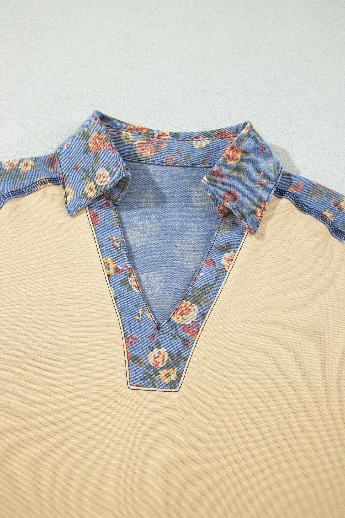 Apricot Floral Denim Patchwork Collar V Neck Long Sleeve Pullover Top-Tops/Long Sleeve Tops-[Adult]-[Female]-2022 Online Blue Zone Planet