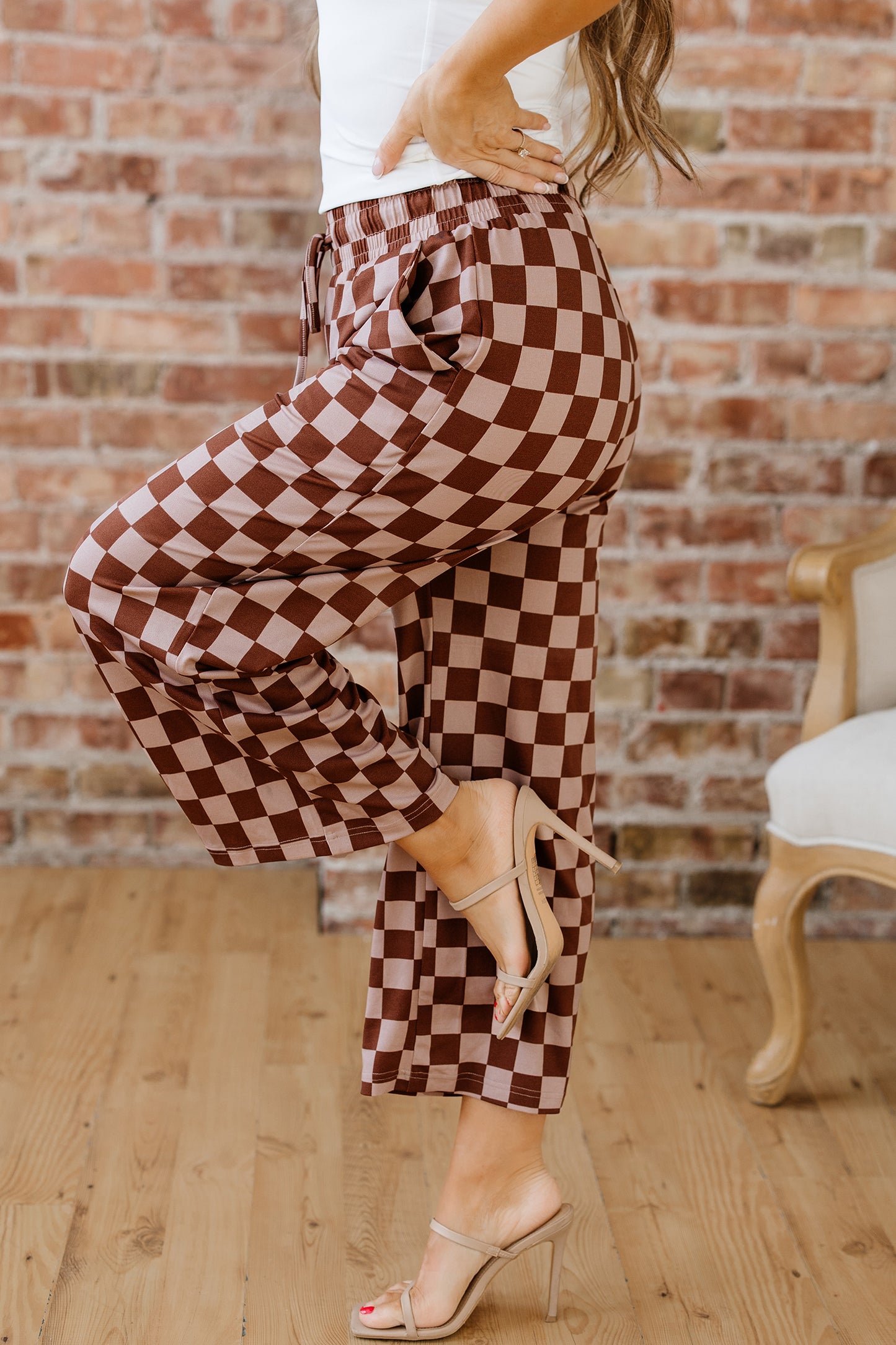 Khaki Checkered Elastic High Waist Loose Casual Pants-Bottoms/Pants & Culotte-[Adult]-[Female]-2022 Online Blue Zone Planet