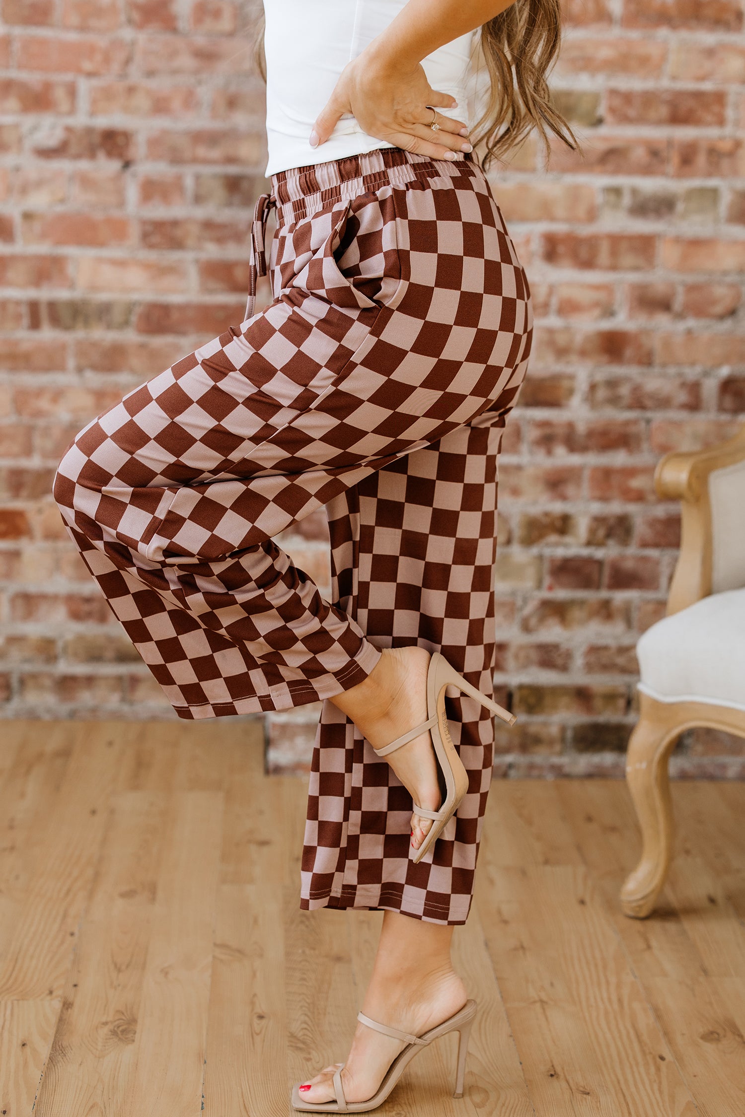 Khaki Checkered Elastic High Waist Loose Casual Pants-Bottoms/Pants & Culotte-[Adult]-[Female]-2022 Online Blue Zone Planet