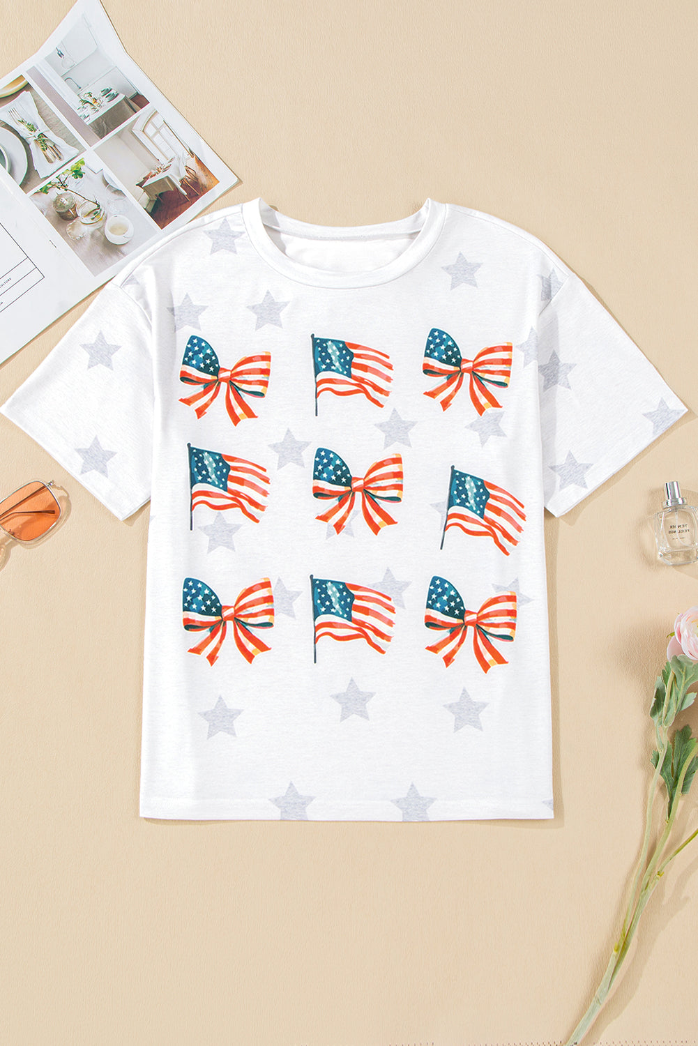Khaki Patriotic Flag Bow Graphic Starry Round Neck T Shirt-Graphic/Graphic Tees-[Adult]-[Female]-2022 Online Blue Zone Planet