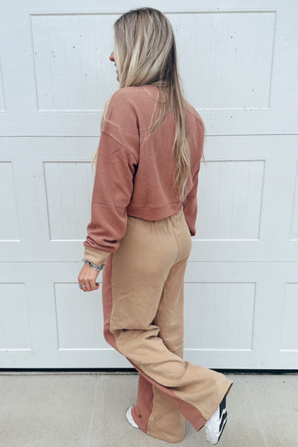 Khaki Color Block Long Sleeve Crop Top Drawstring Pant Set-Two Piece Sets/Pant Sets-[Adult]-[Female]-2022 Online Blue Zone Planet