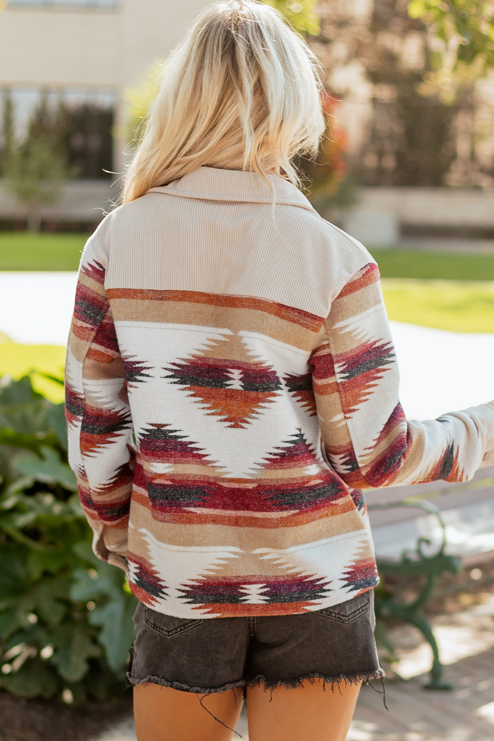 Multicolour Western Aztec Striped Patchwork Double Flap Pocket Raw Hem Shacket-Outerwear/Jackets-[Adult]-[Female]-2022 Online Blue Zone Planet
