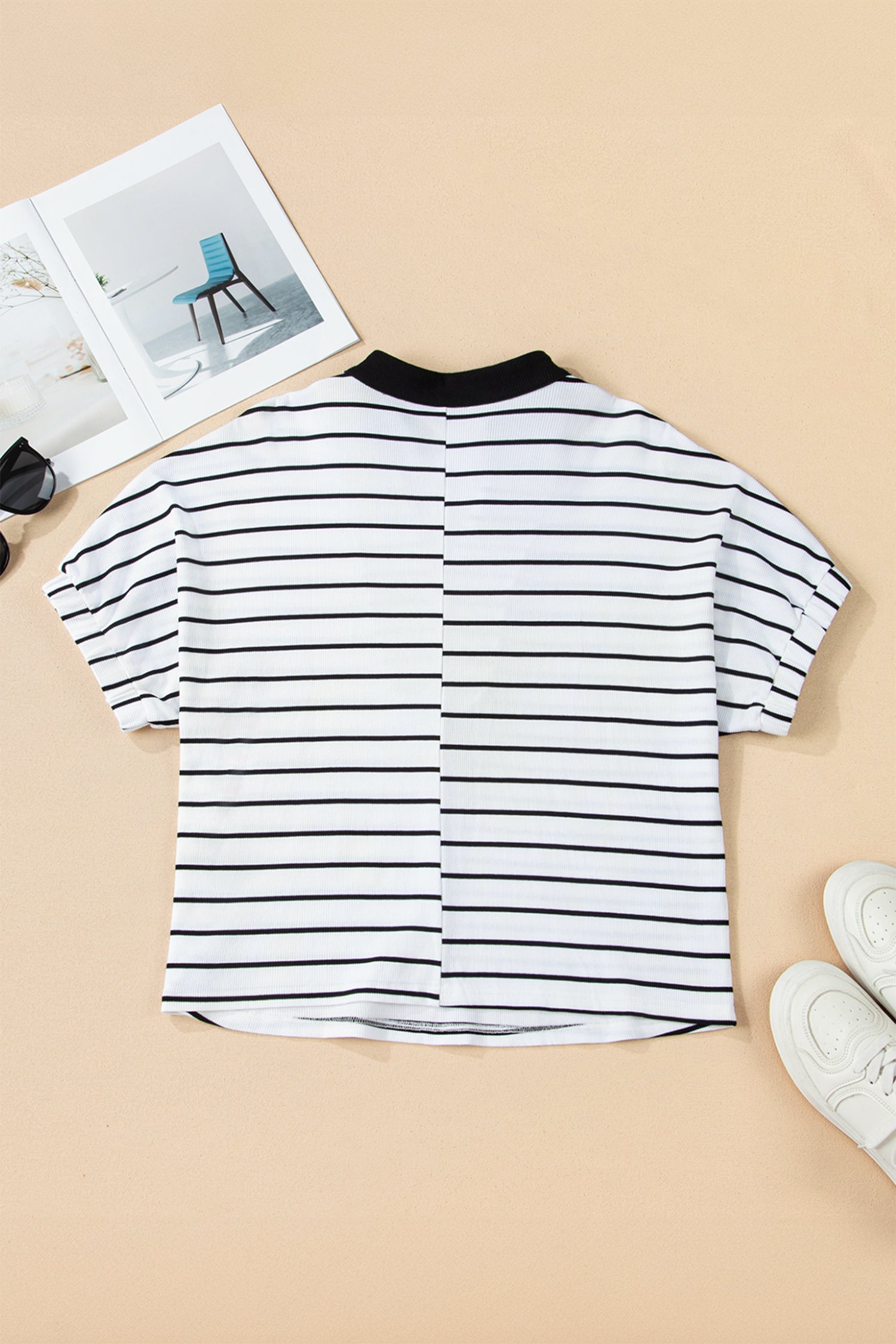 White Stripe Stand Collar V Neck Elastic Cuffs Half Sleeve Dolman Top-Tops/Blouses & Shirts-[Adult]-[Female]-2022 Online Blue Zone Planet