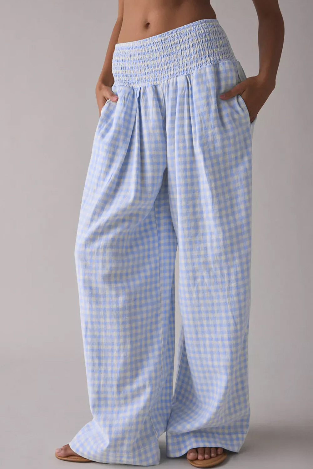 Myosotis Plaid Print Smocked High Waist Womens Loose Pants-Bottoms/Pants & Culotte-[Adult]-[Female]-2022 Online Blue Zone Planet
