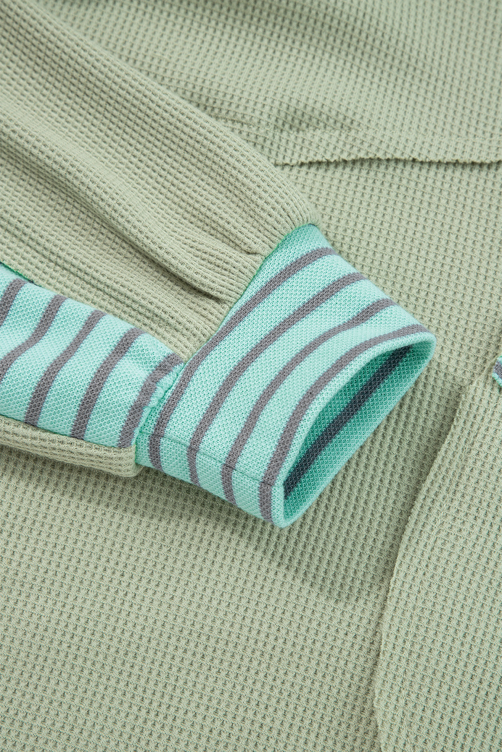Meadow Mist Green Exposed Seam Waffle Striped Patchwork Baggy Pullover-Tops/Long Sleeve Tops-[Adult]-[Female]-2022 Online Blue Zone Planet
