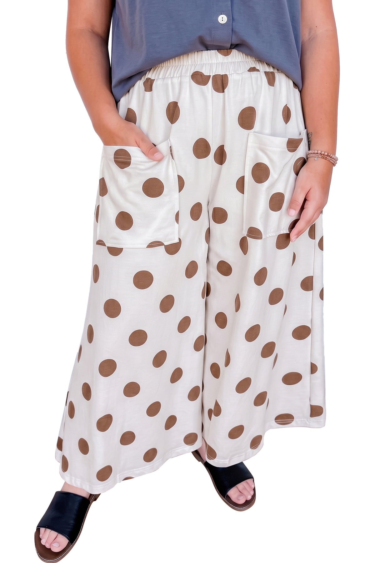 Khaki Polka Dot Elastic Waist Wide Leg Plus Size Pants-Plus Size/Plus Size Bottoms-[Adult]-[Female]-2022 Online Blue Zone Planet