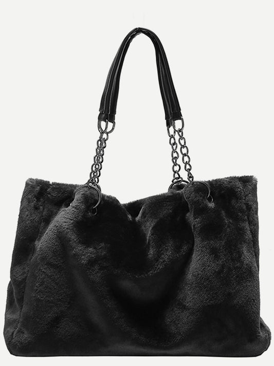 Faux Fur Solid Color Tote Bag-Handbags-[Adult]-[Female]-Black-One Size-2022 Online Blue Zone Planet