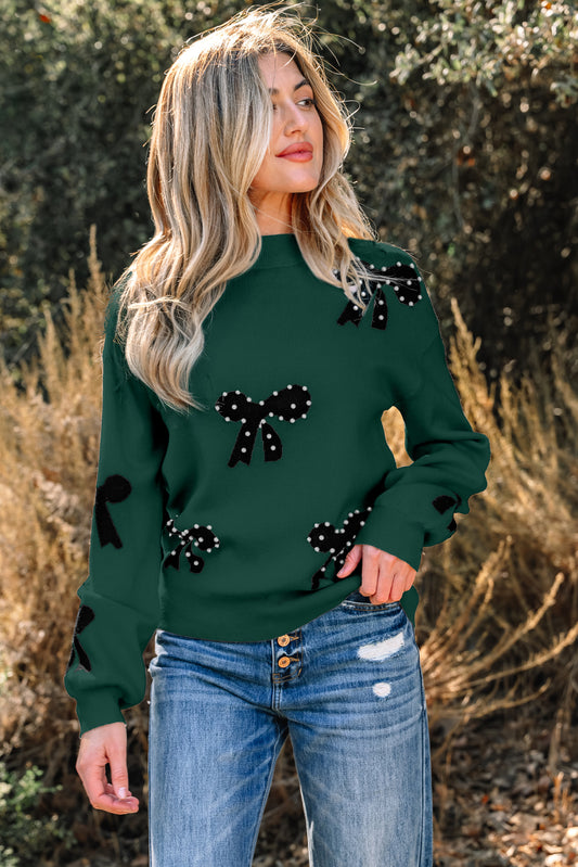 Blackish Green Pearl Embellished Bow Pattern Loose Sweater-Sweaters & Cardigans/Sweaters-[Adult]-[Female]-Blackish Green-S-2022 Online Blue Zone Planet