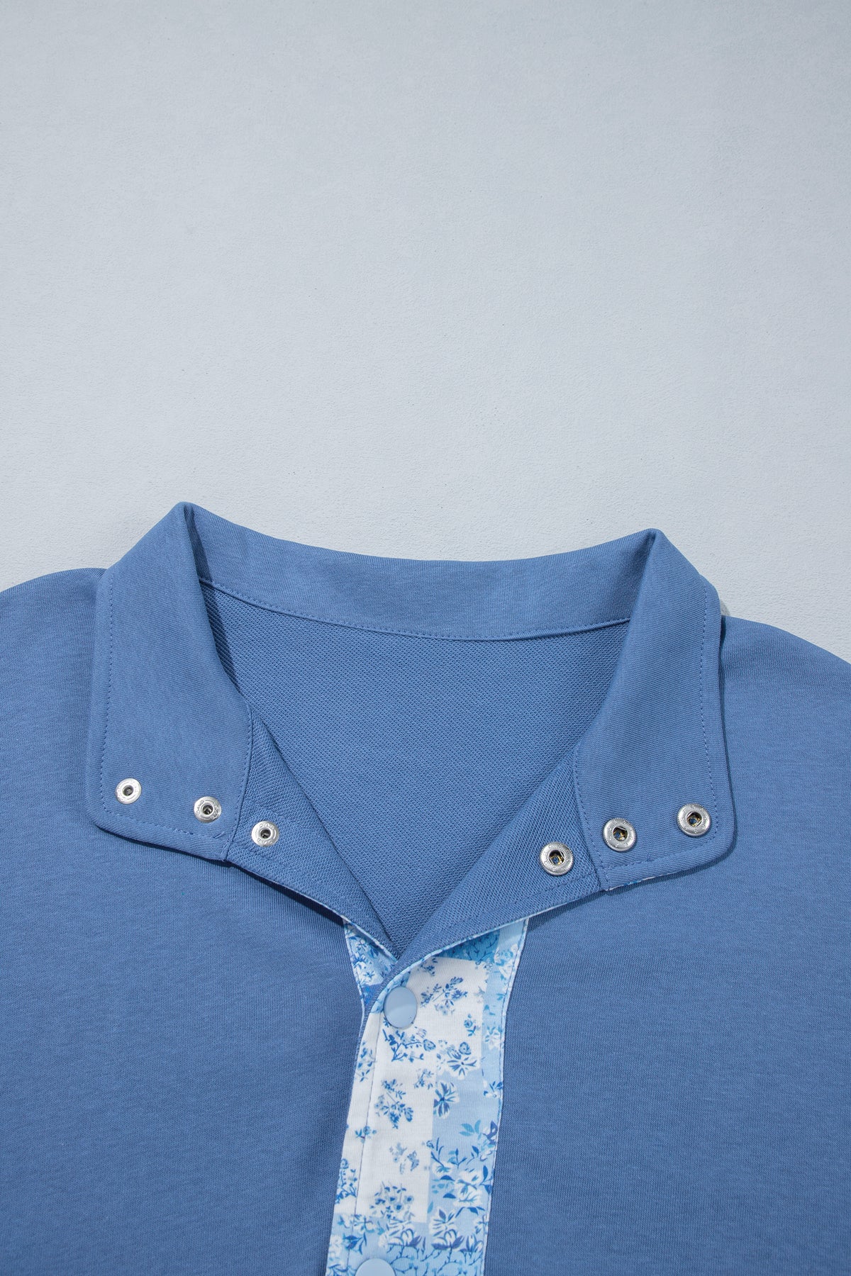 Blue Floral Patchwork V-Neck Long Sleeve Short Bottoms Plus Size Set-Plus Size/Plus Size Sweatshirts & Hoodies-[Adult]-[Female]-2022 Online Blue Zone Planet