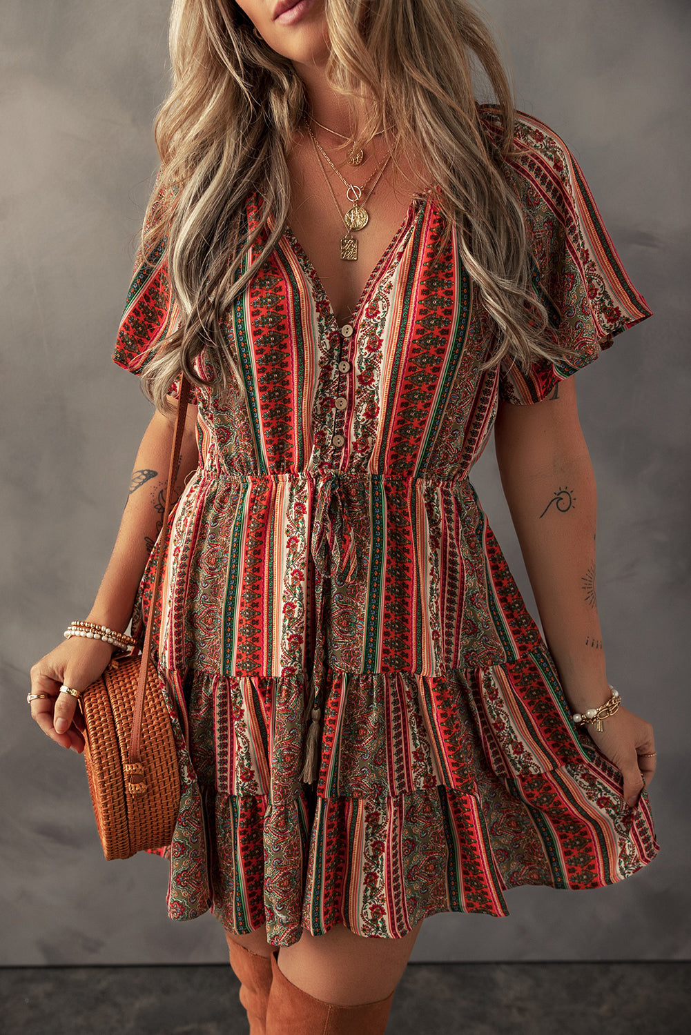 strapless open back dress Red Floral Maxi Dress with Open Back main image 1