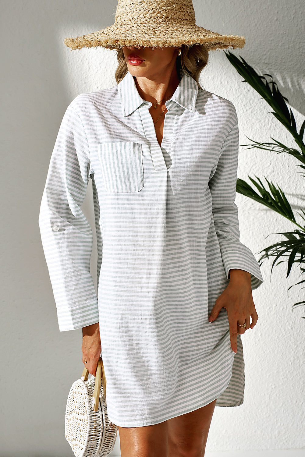 White Stripe Collared V Neck Chest Pocket Long Sleeve Beach Cover up-Swimwear/Beach Cover-ups-[Adult]-[Female]-2022 Online Blue Zone Planet