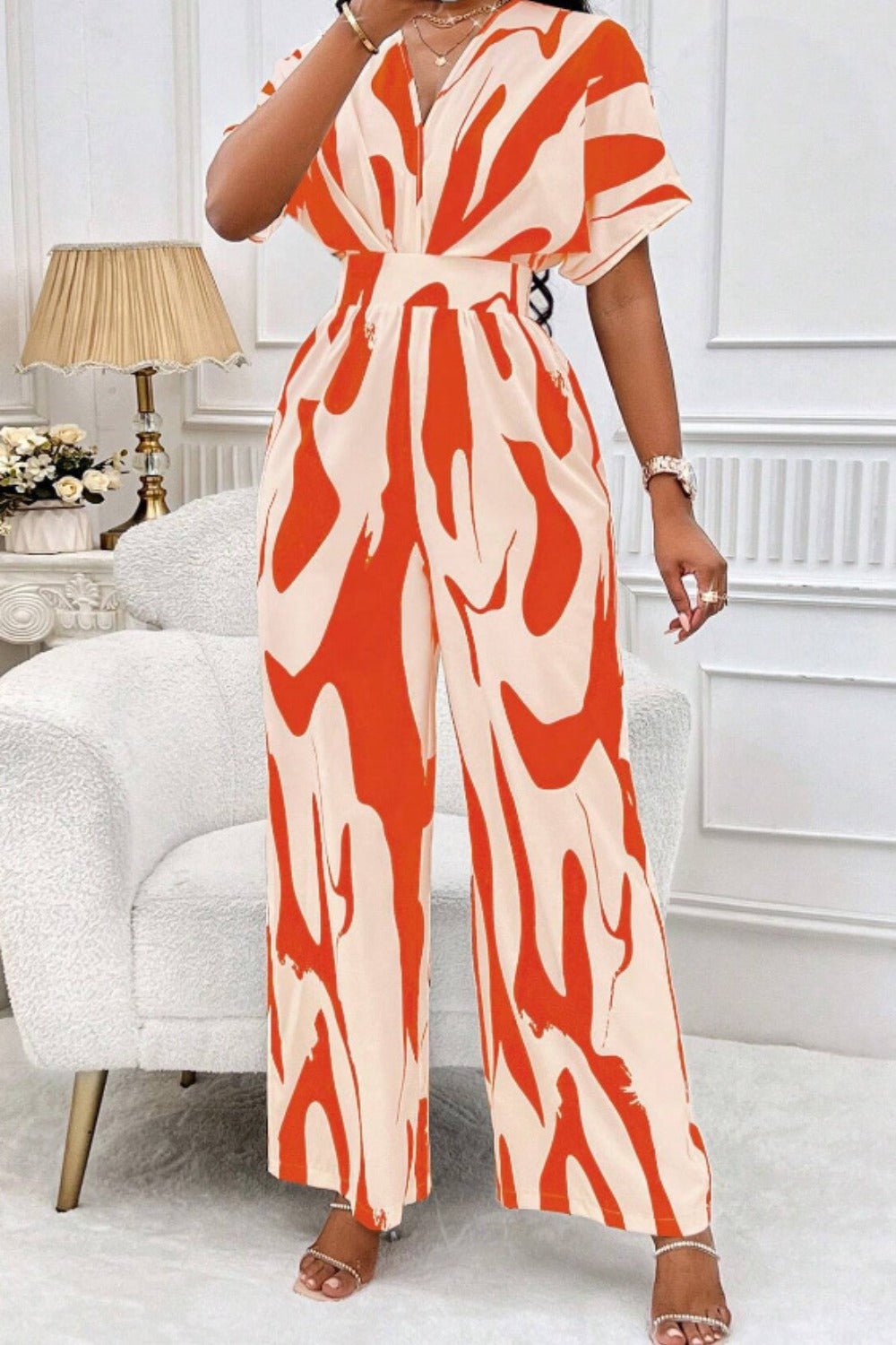 Printed V-Neck Short Sleeve Wide Leg Jumpsuit-TOPS / DRESSES-[Adult]-[Female]-Orange-S-2022 Online Blue Zone Planet