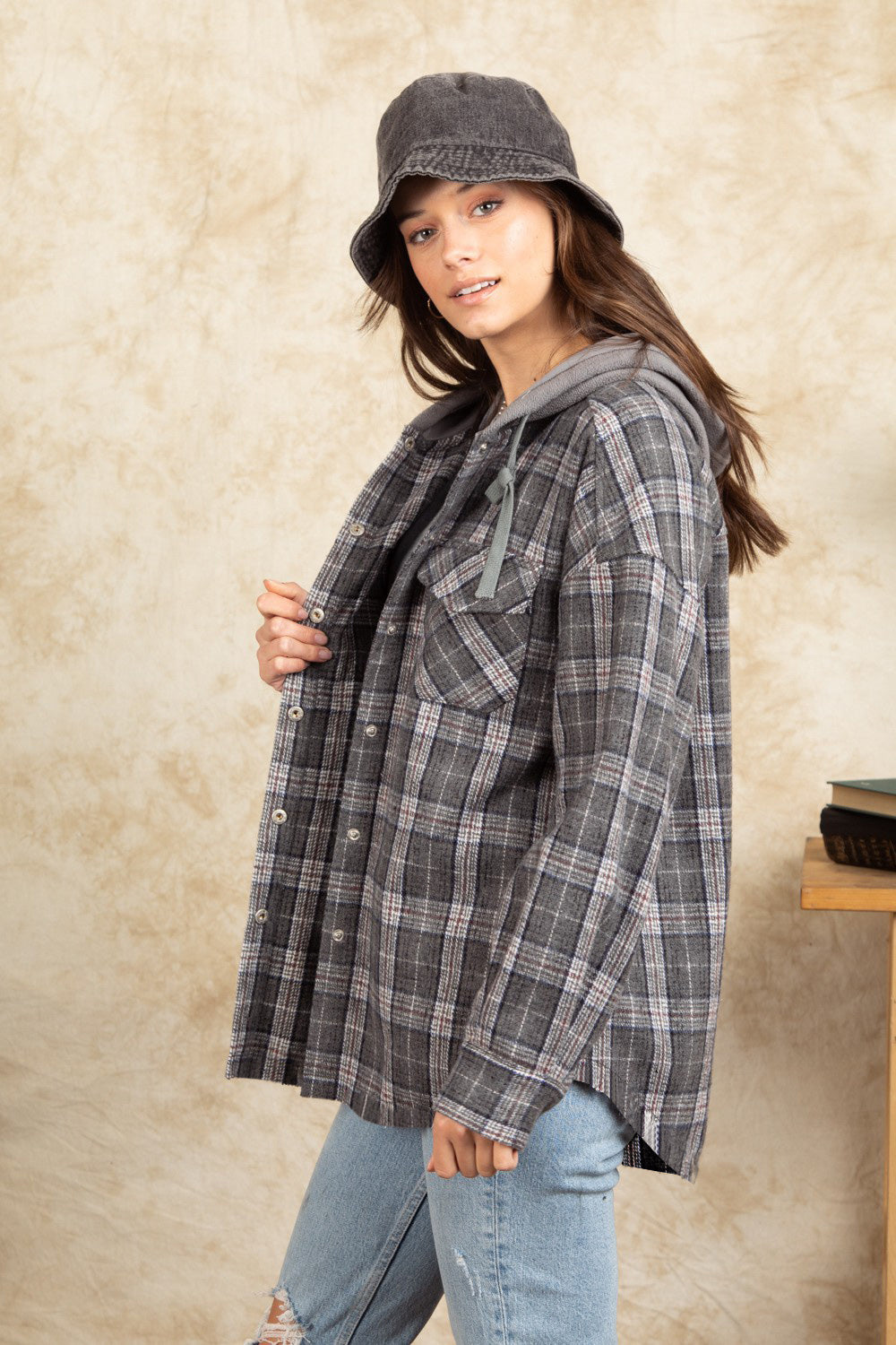 Drawstring Plaid Long Sleeve Hooded Jacket-TOPS / DRESSES-[Adult]-[Female]-2022 Online Blue Zone Planet