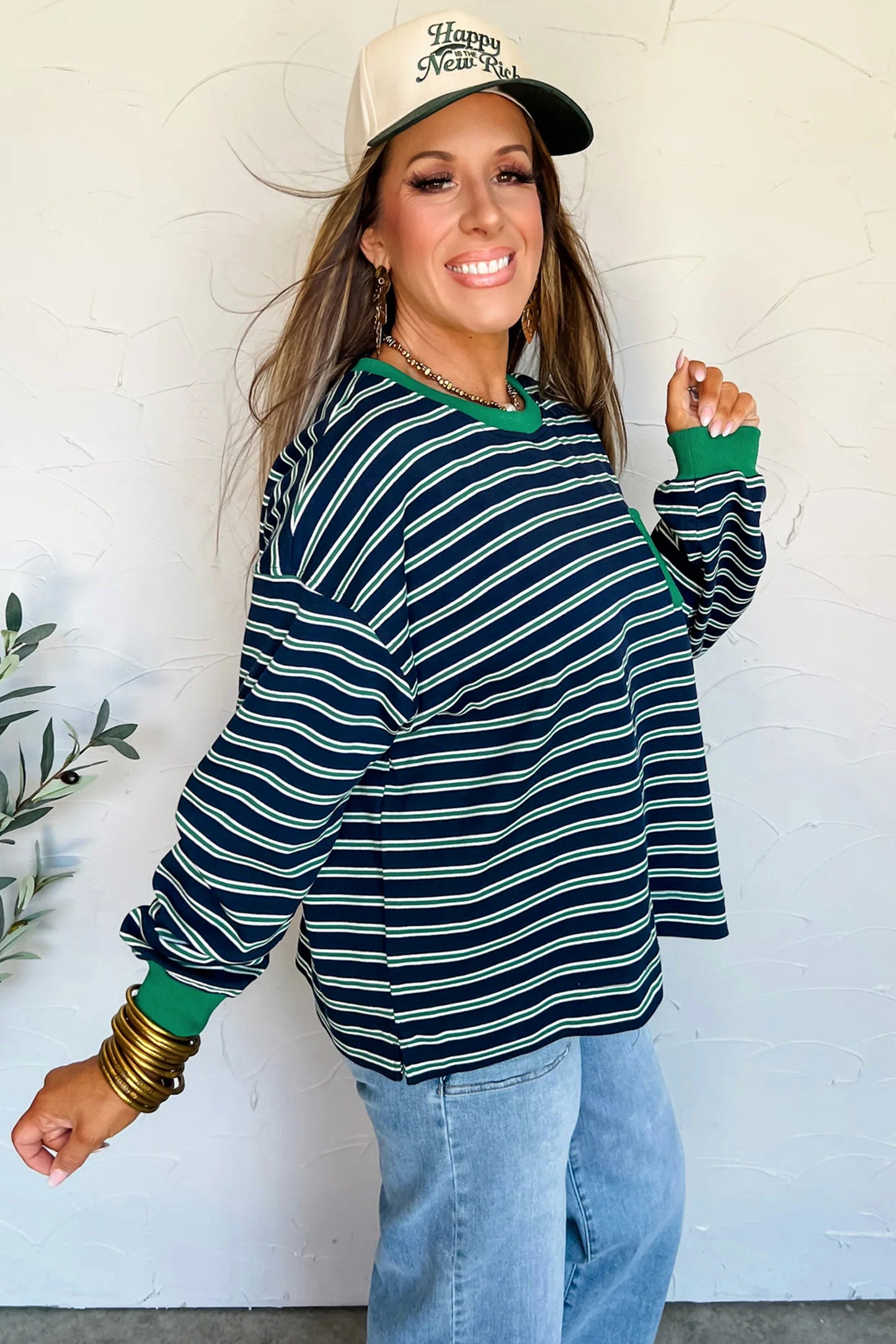 Green Stripe Ribbed Color Block Patchwork Crew Neck Patch Pocket Long Sleeve Top-Tops/Long Sleeve Tops-[Adult]-[Female]-2022 Online Blue Zone Planet