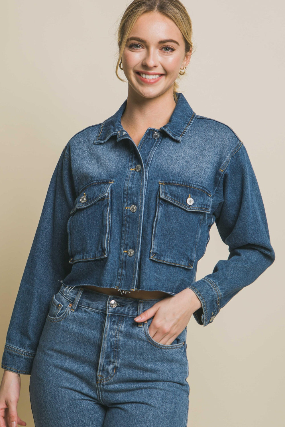 Love Tree Raw Hem Button Up Cropped Denim Jacket-TOPS / DRESSES-[Adult]-[Female]-2022 Online Blue Zone Planet