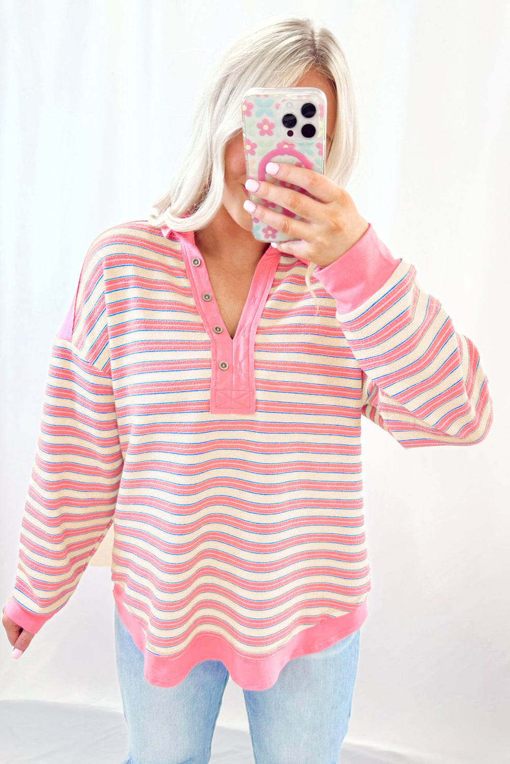 Pink Stripe Collared V Neck Drop Shoulder Top-Long Sleeve Tops-[Adult]-[Female]-2022 Online Blue Zone Planet