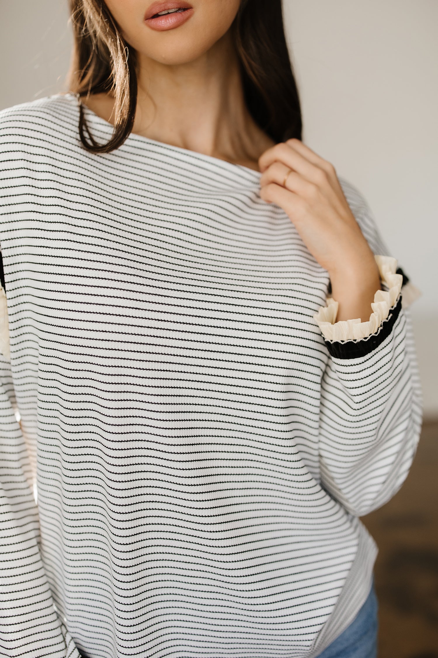 White Stripe Contrasted Ruffle Trim Loose Long Sleeve Top-Tops/Long Sleeve Tops-[Adult]-[Female]-2022 Online Blue Zone Planet