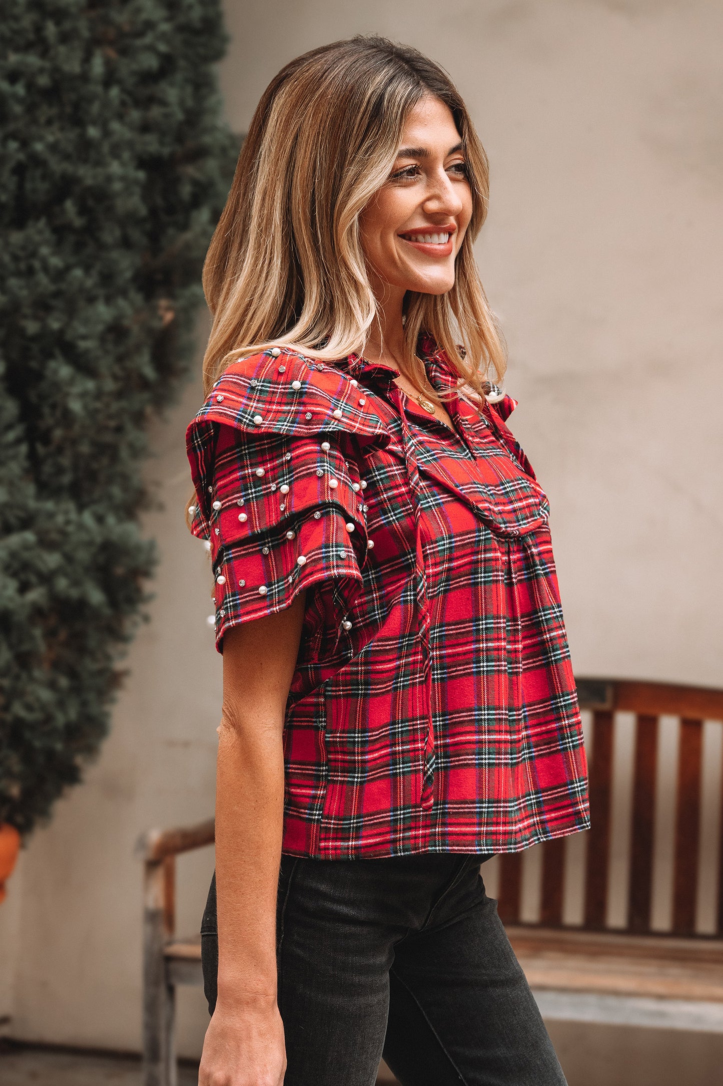 Red Festive Plaid Pearl Embellished Ruffle Short Sleeve Blouse-Tops/Blouses & Shirts-[Adult]-[Female]-2022 Online Blue Zone Planet