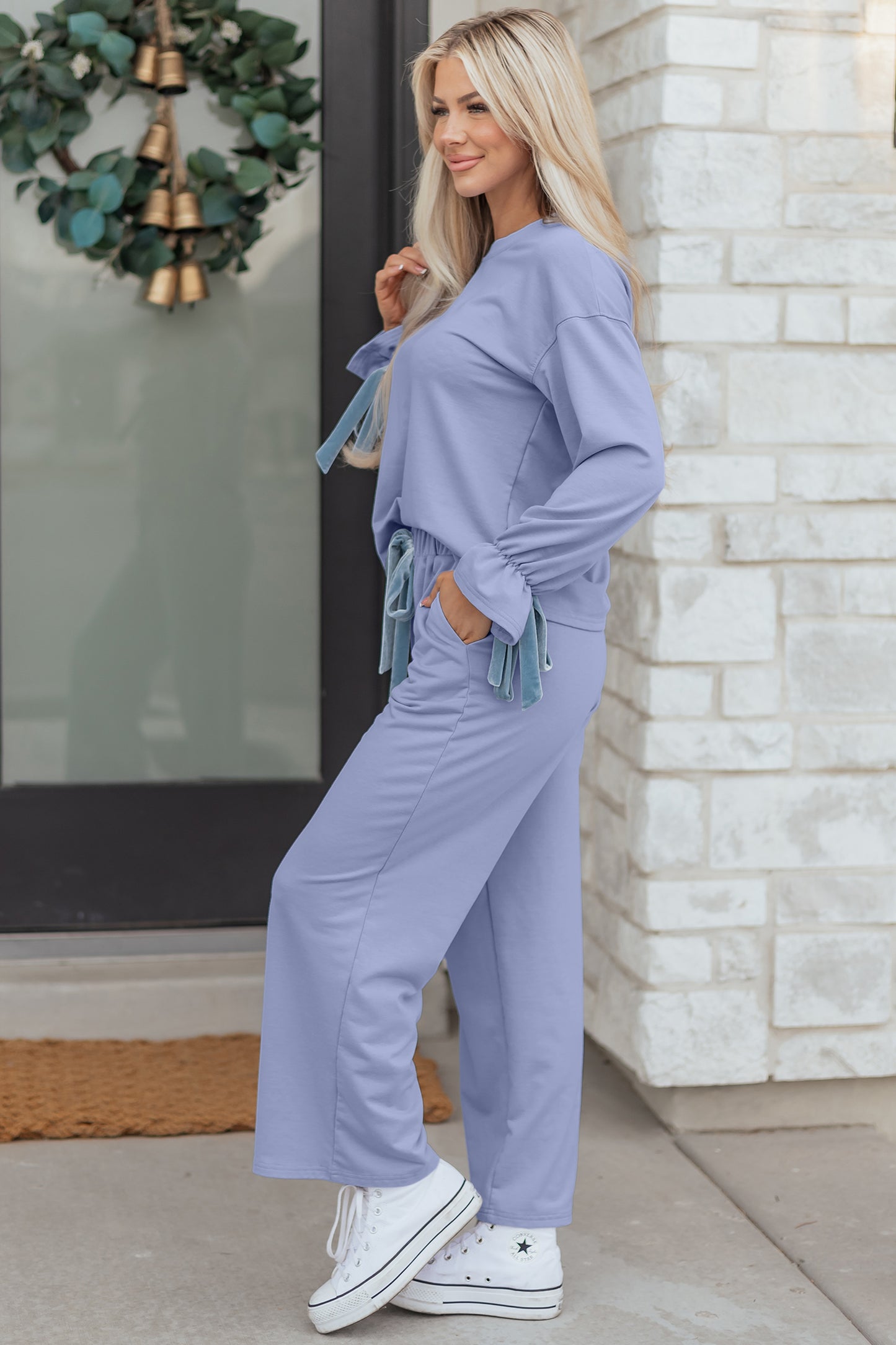 Beau Blue Flounce Long Sleeve Top Drawstring Pants Contrast Velvet Bow Knot 2pcs Lounge Set-Loungewear & Sleepwear/Loungewear-[Adult]-[Female]-2022 Online Blue Zone Planet